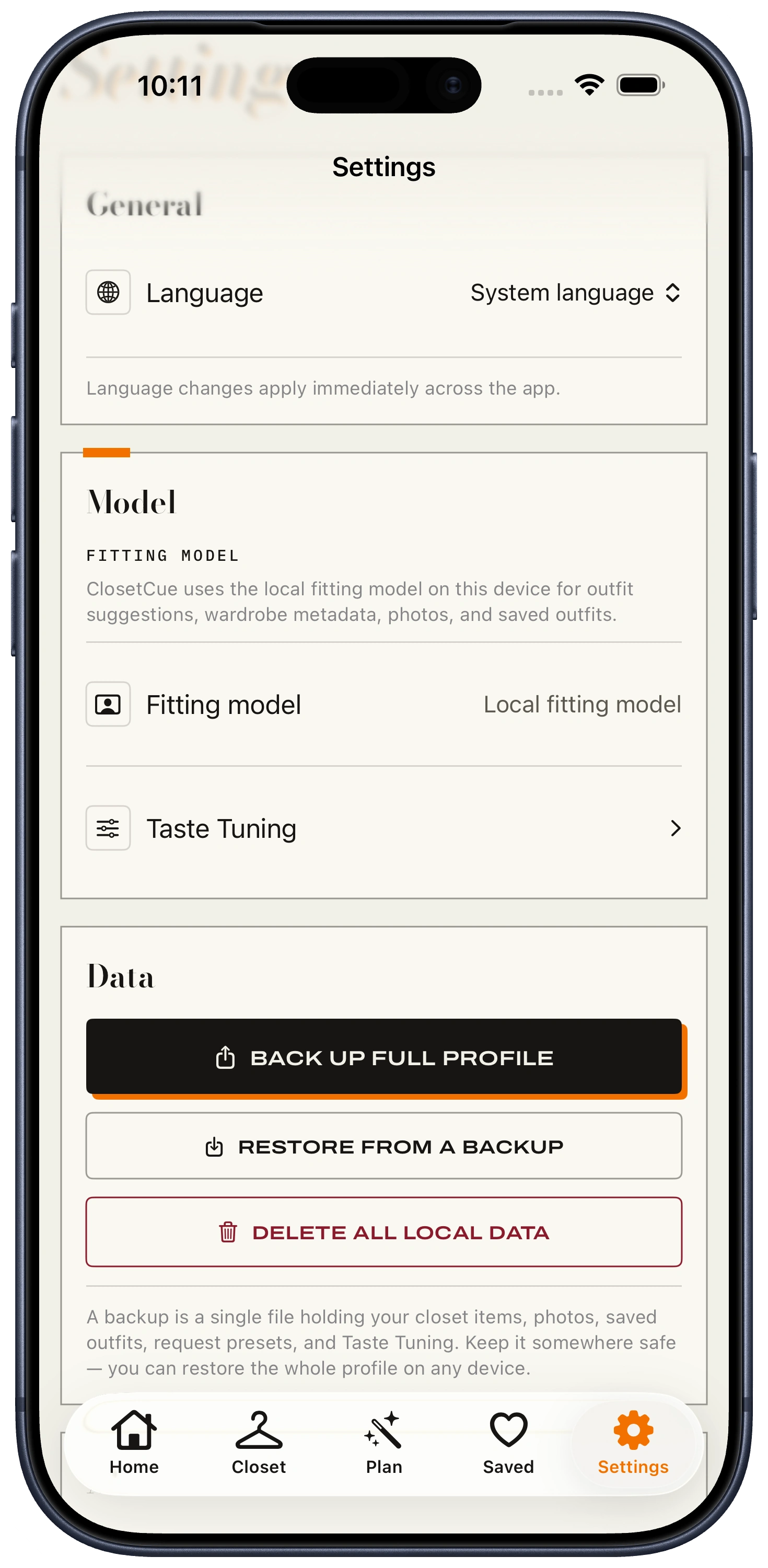 ClosetCue settings screen with backup, restore, and local data controls