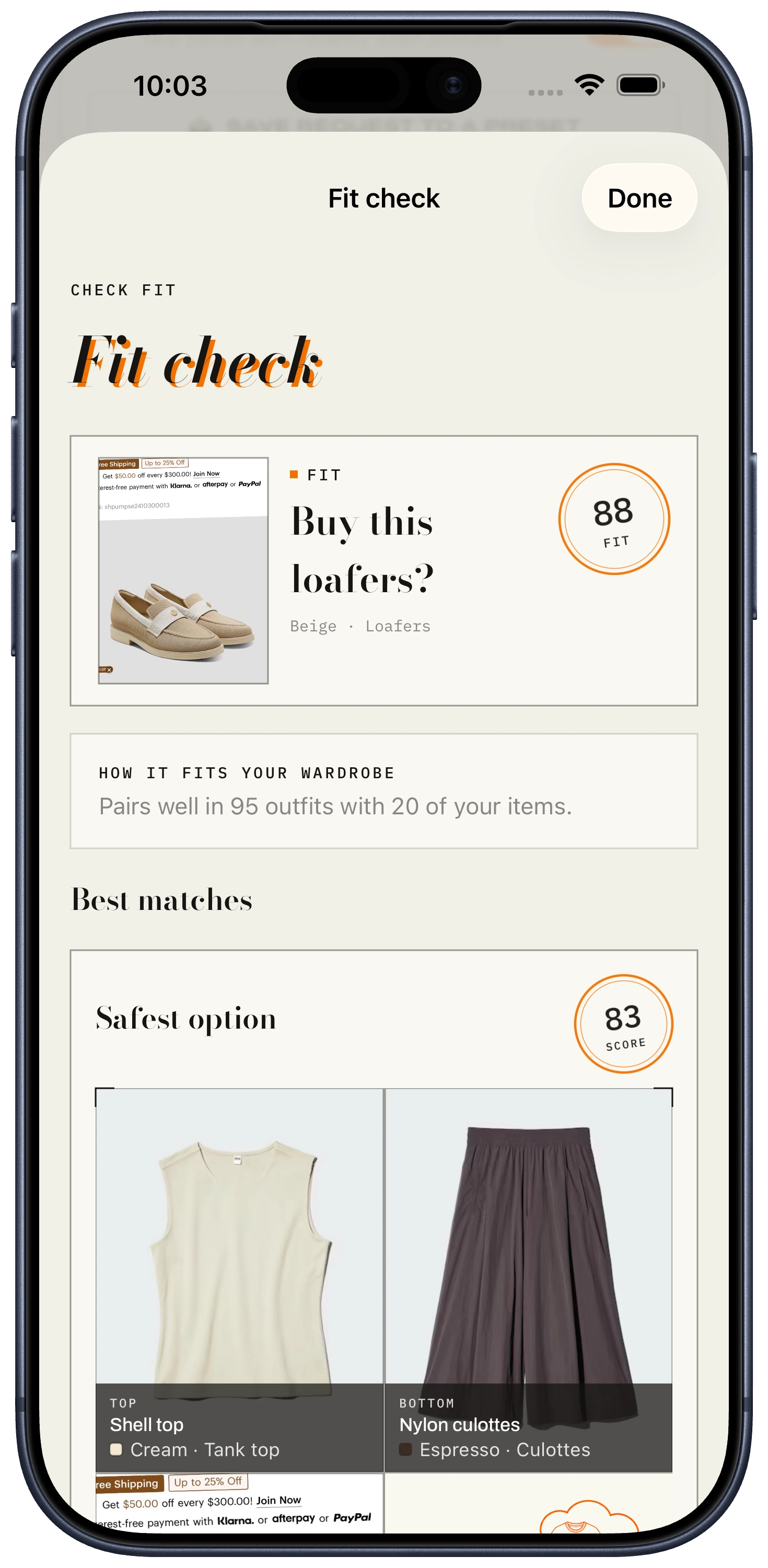 ClosetCue fit check result showing matches and a score for loafers