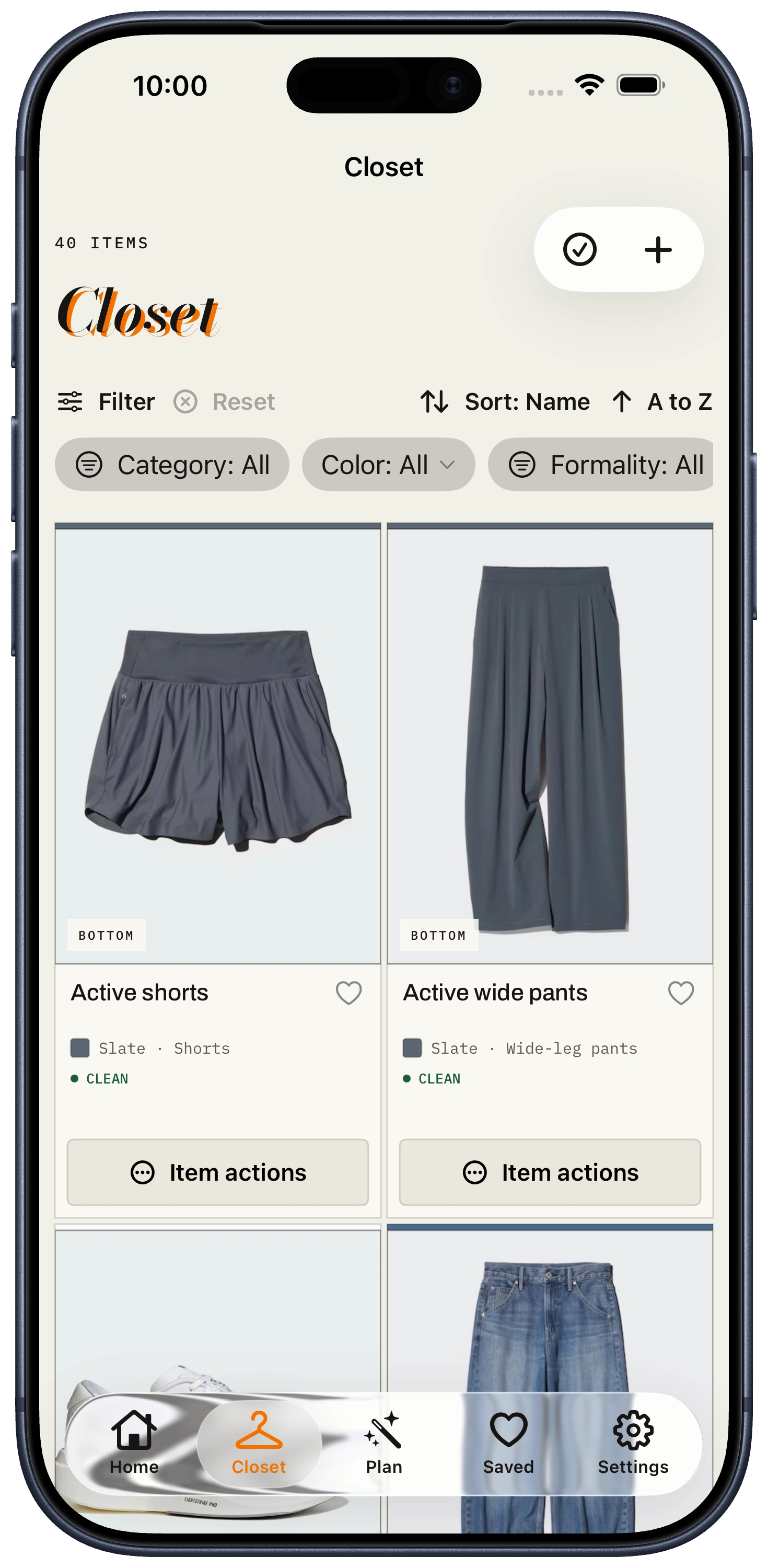ClosetCue closet catalog with clothing photos, filters, sorting, and item actions