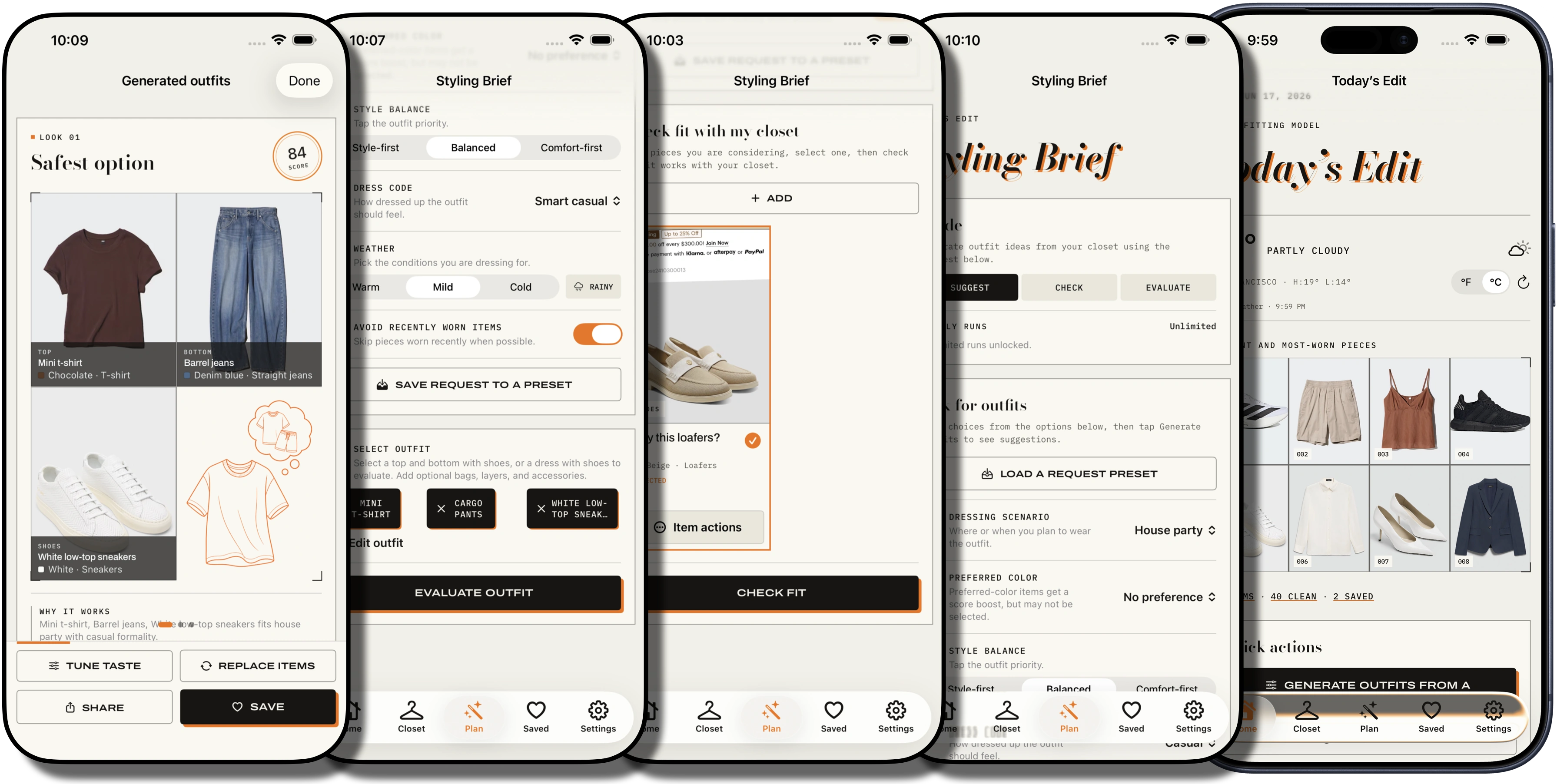 ClosetCue closet, styling brief, and outfit planning screens on iPhone