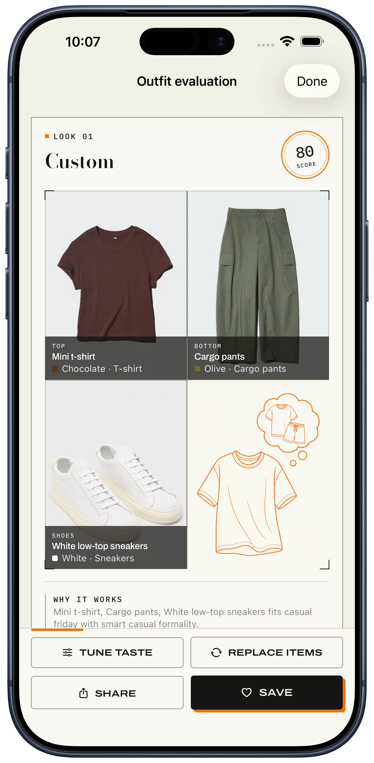 ClosetCue outfit evaluation result with item photos, score, key notes, and save controls