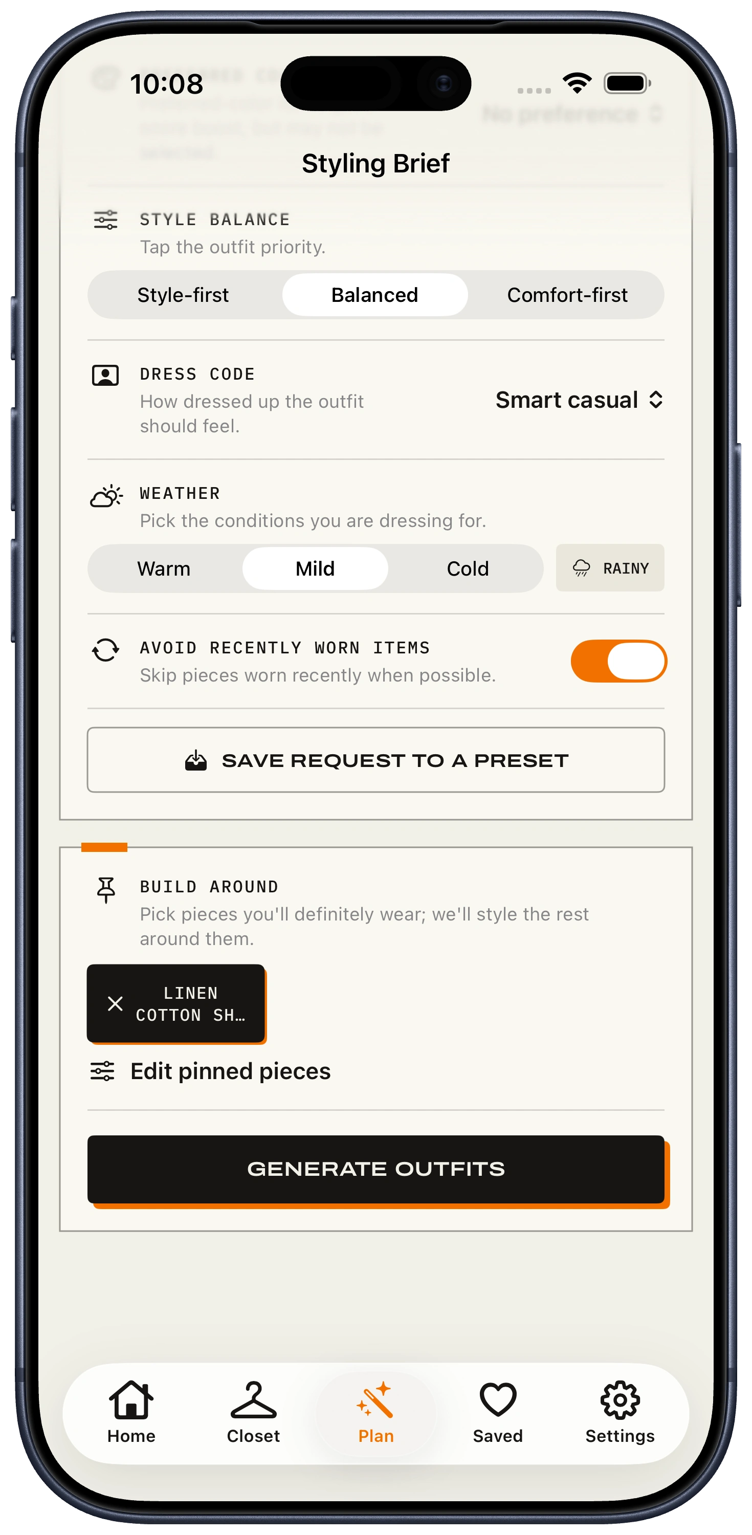 ClosetCue generate outfit screen with selected pieces and generation controls