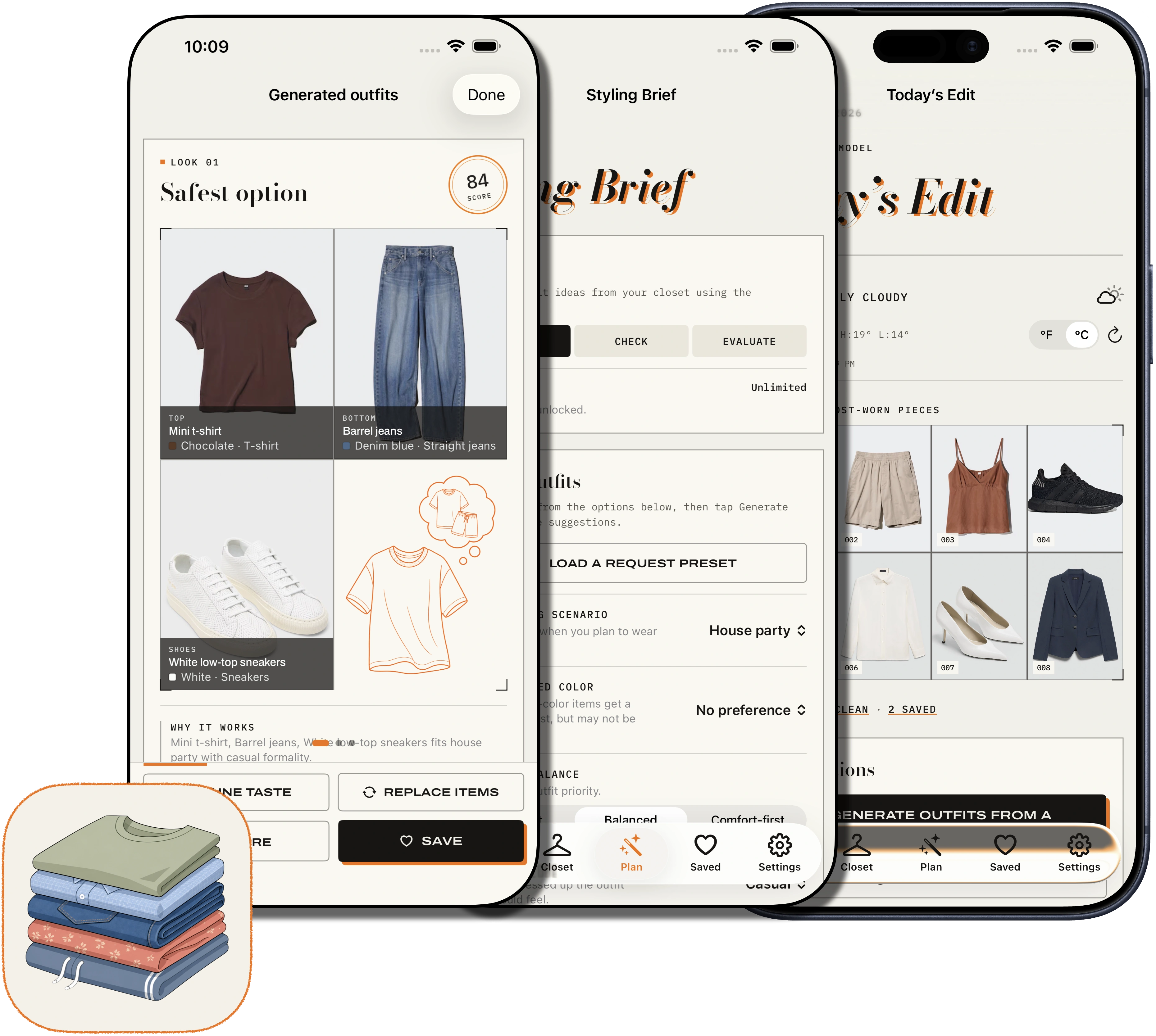 ClosetCue wardrobe planning screens shown on iPhone