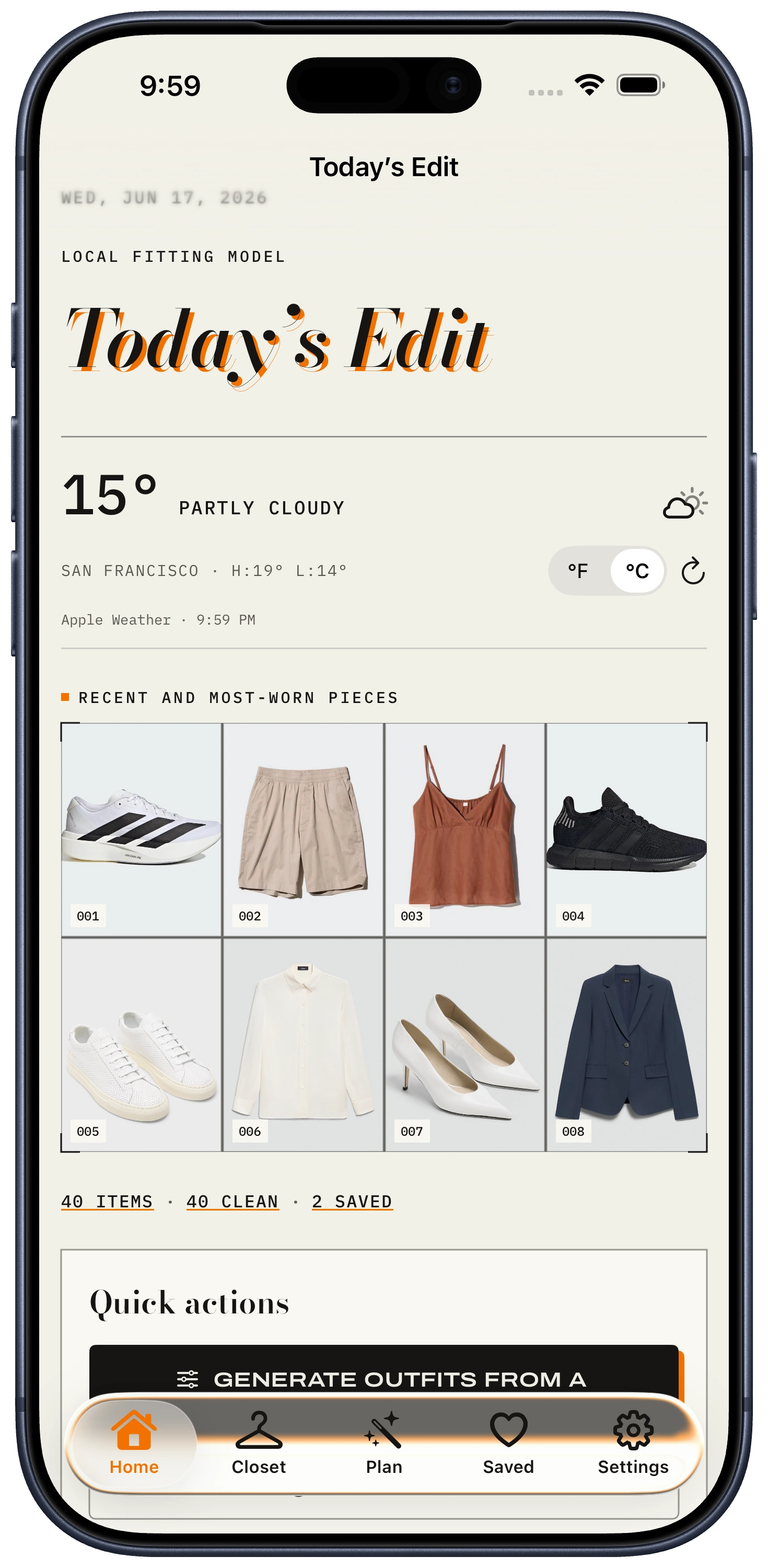 ClosetCue home screen with weather, recent clothing, and quick actions