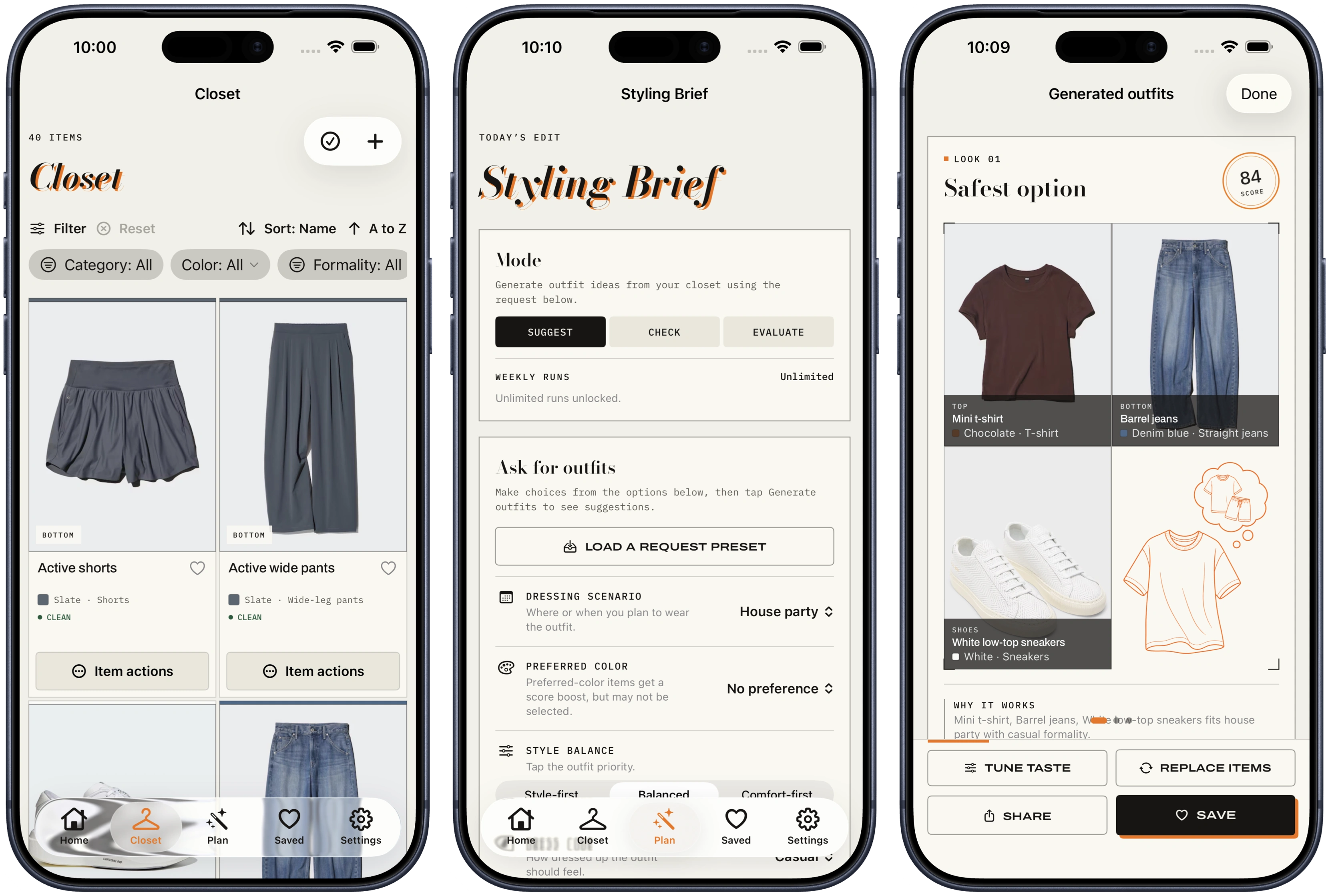 ClosetCue closet, styling brief, and outfit preview screens