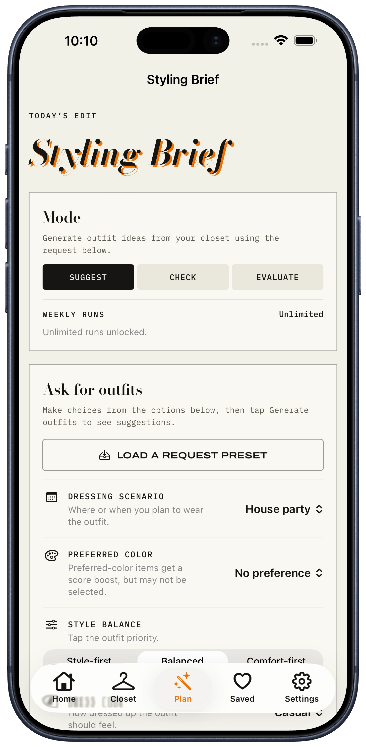 ClosetCue plan screen for choosing a styling mode and outfit request