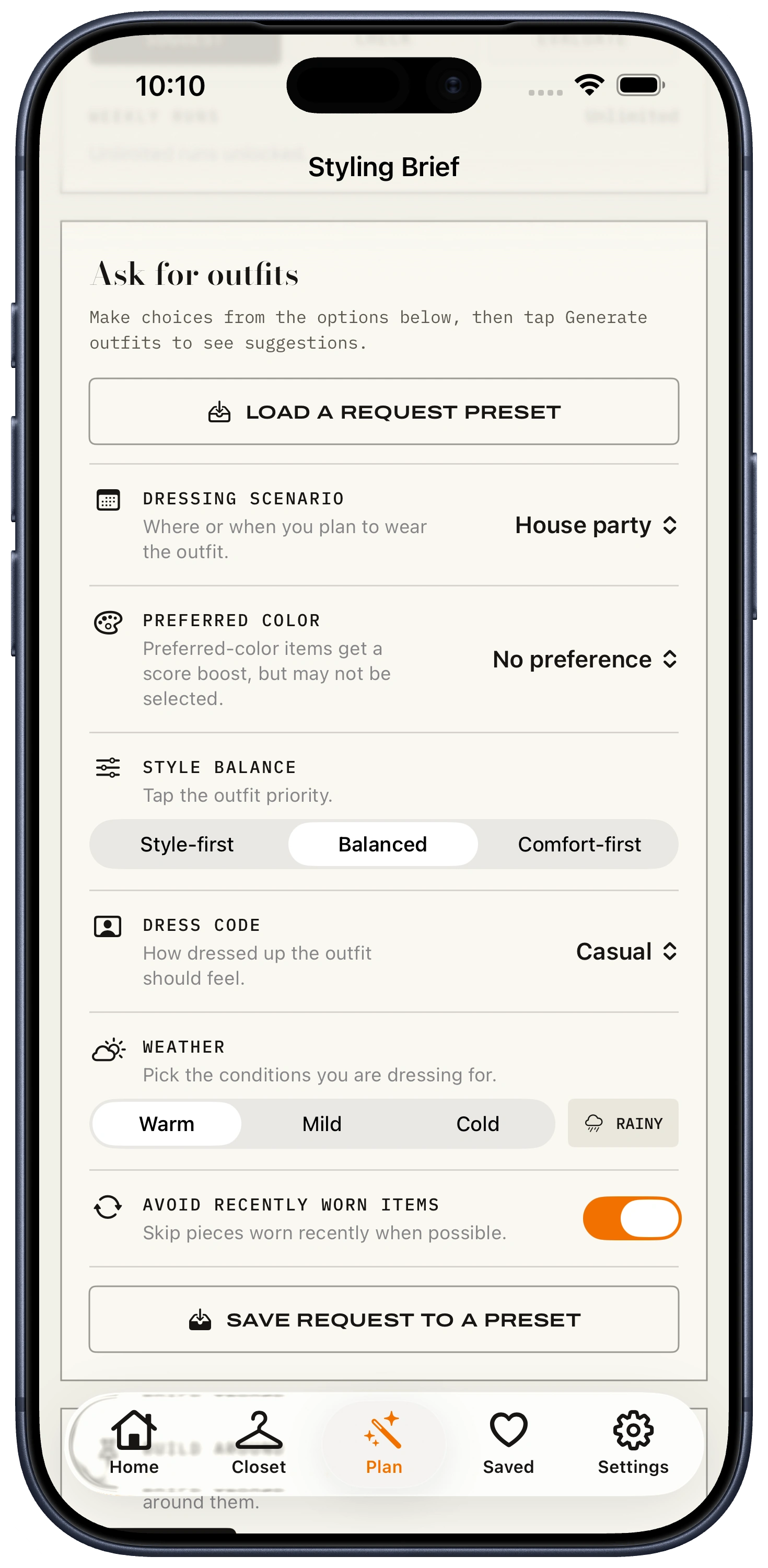 ClosetCue styling request screen with scenario, color, balance, and weather choices