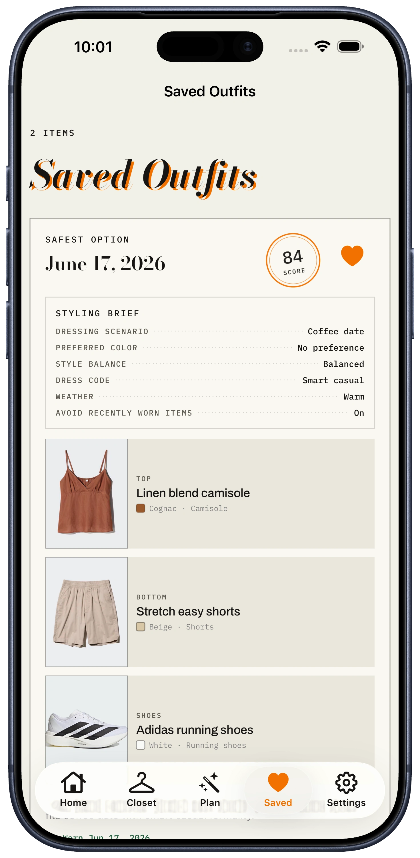 ClosetCue saved outfits screen with saved looks and outfit details