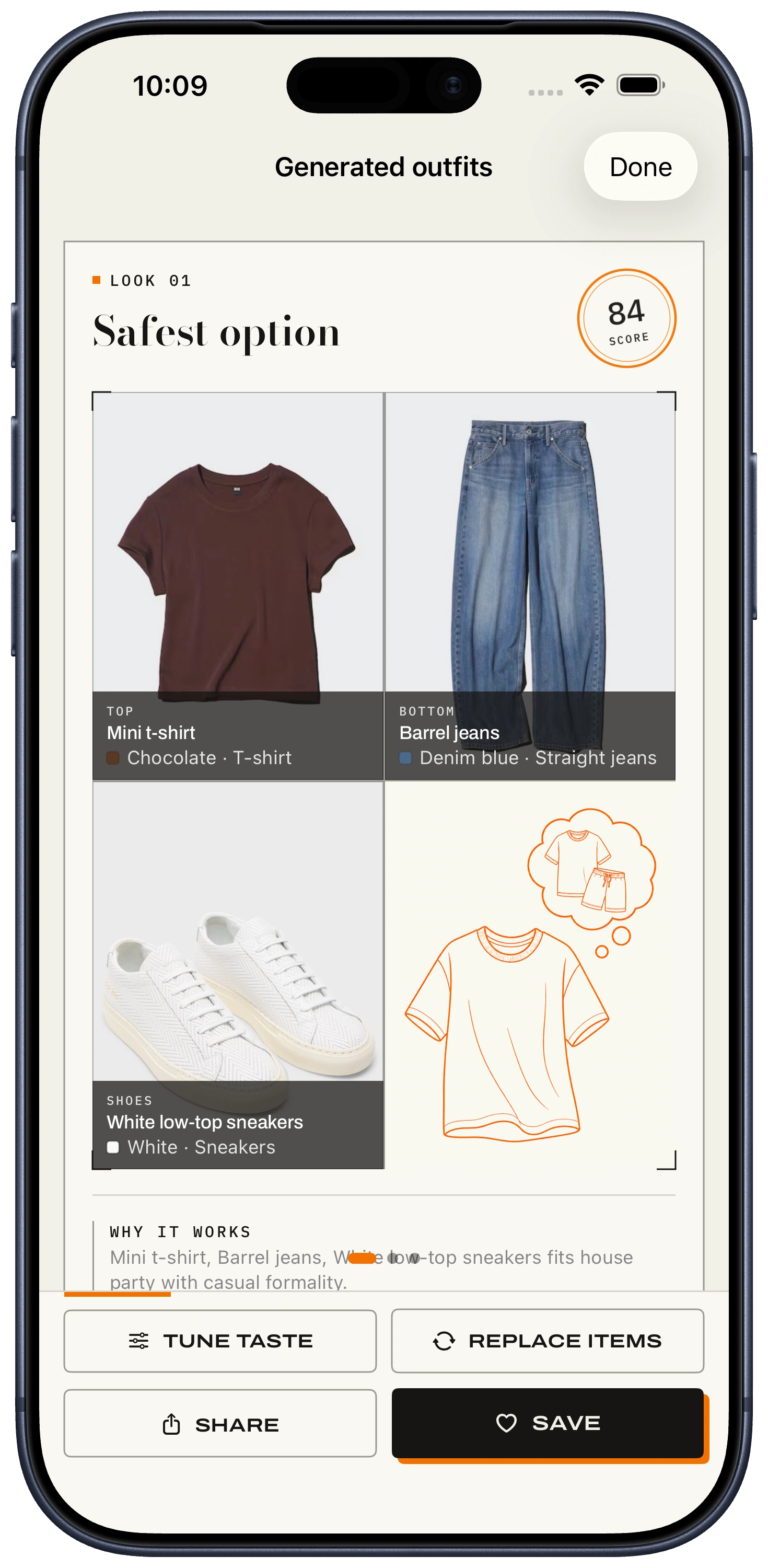 ClosetCue generated outfit screen with item photos, score, explanation, and save actions