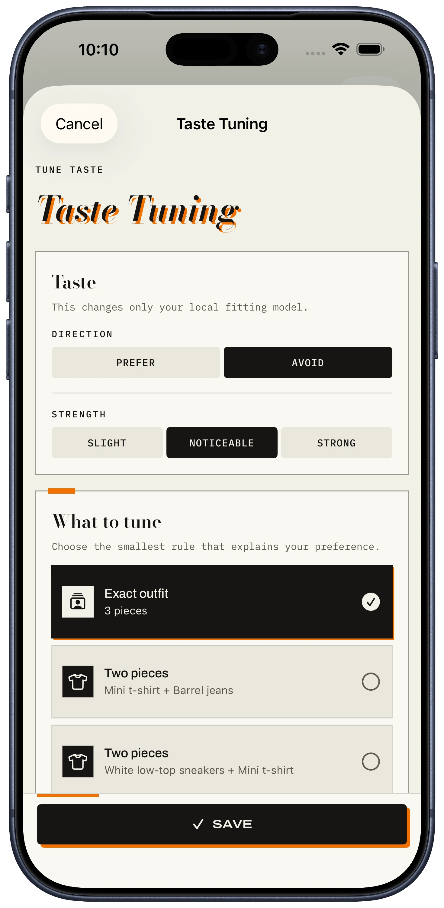 ClosetCue taste tuning screen for adjusting saved outfit preferences
