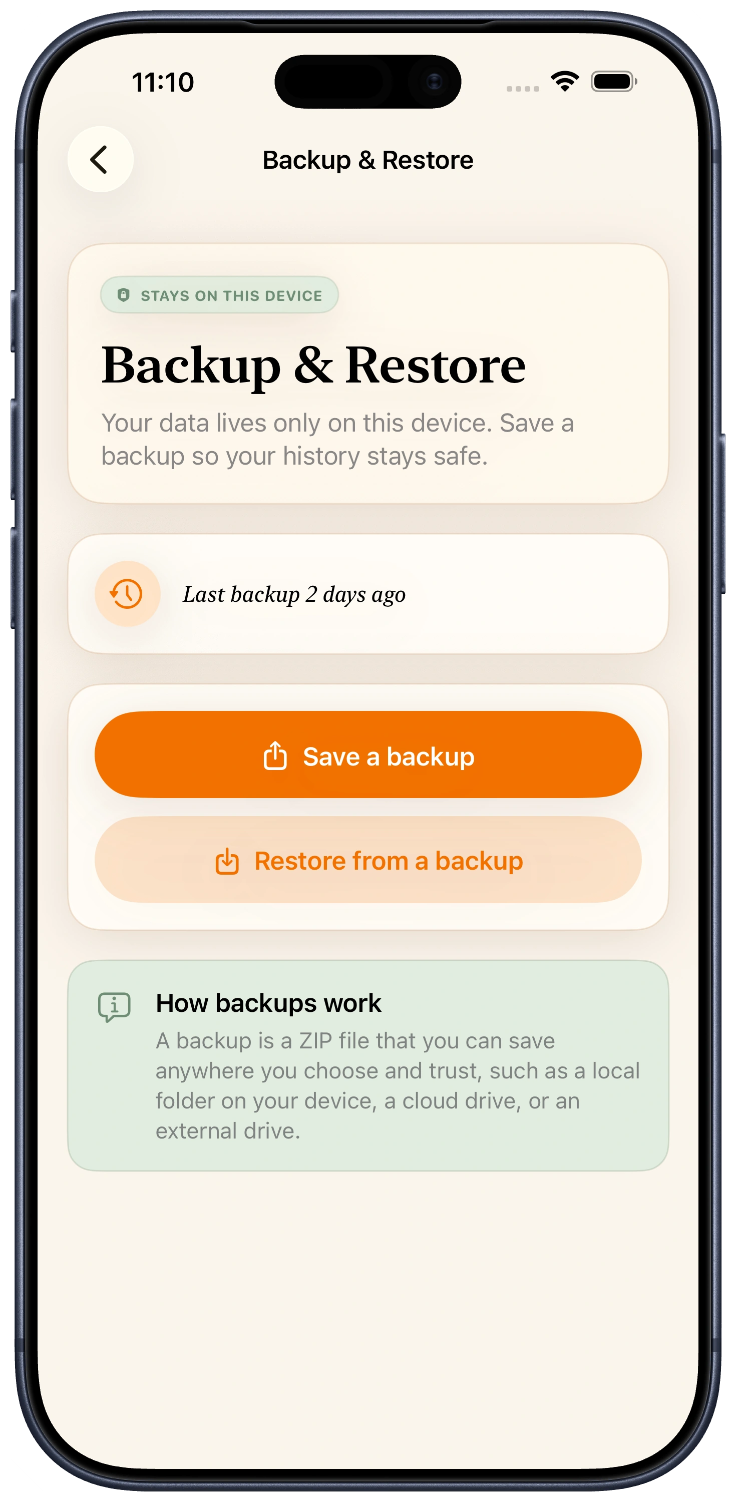 The MoleJournal backup and restore screen on iPhone