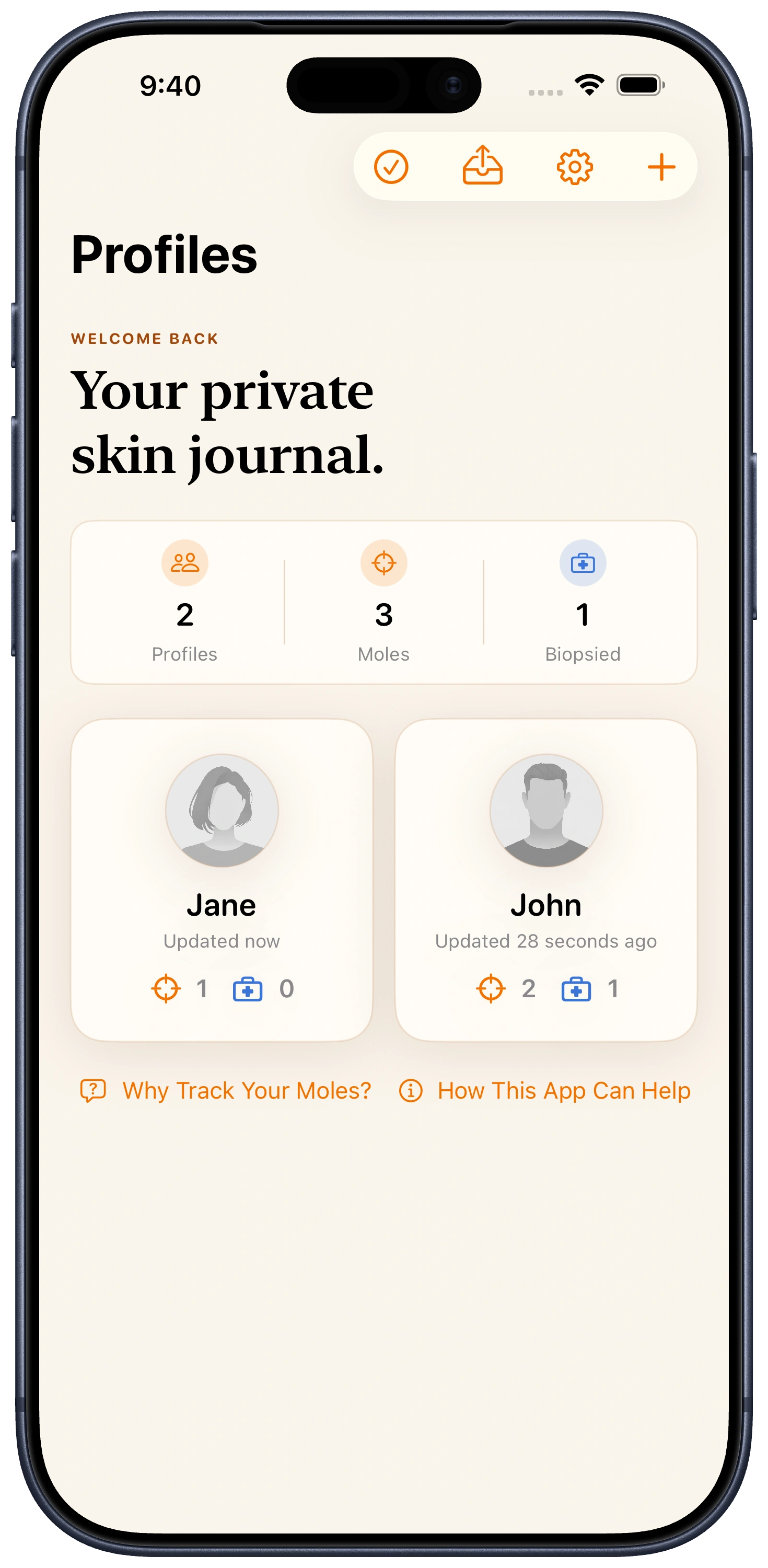 The MoleJournal profile screen on iPhone