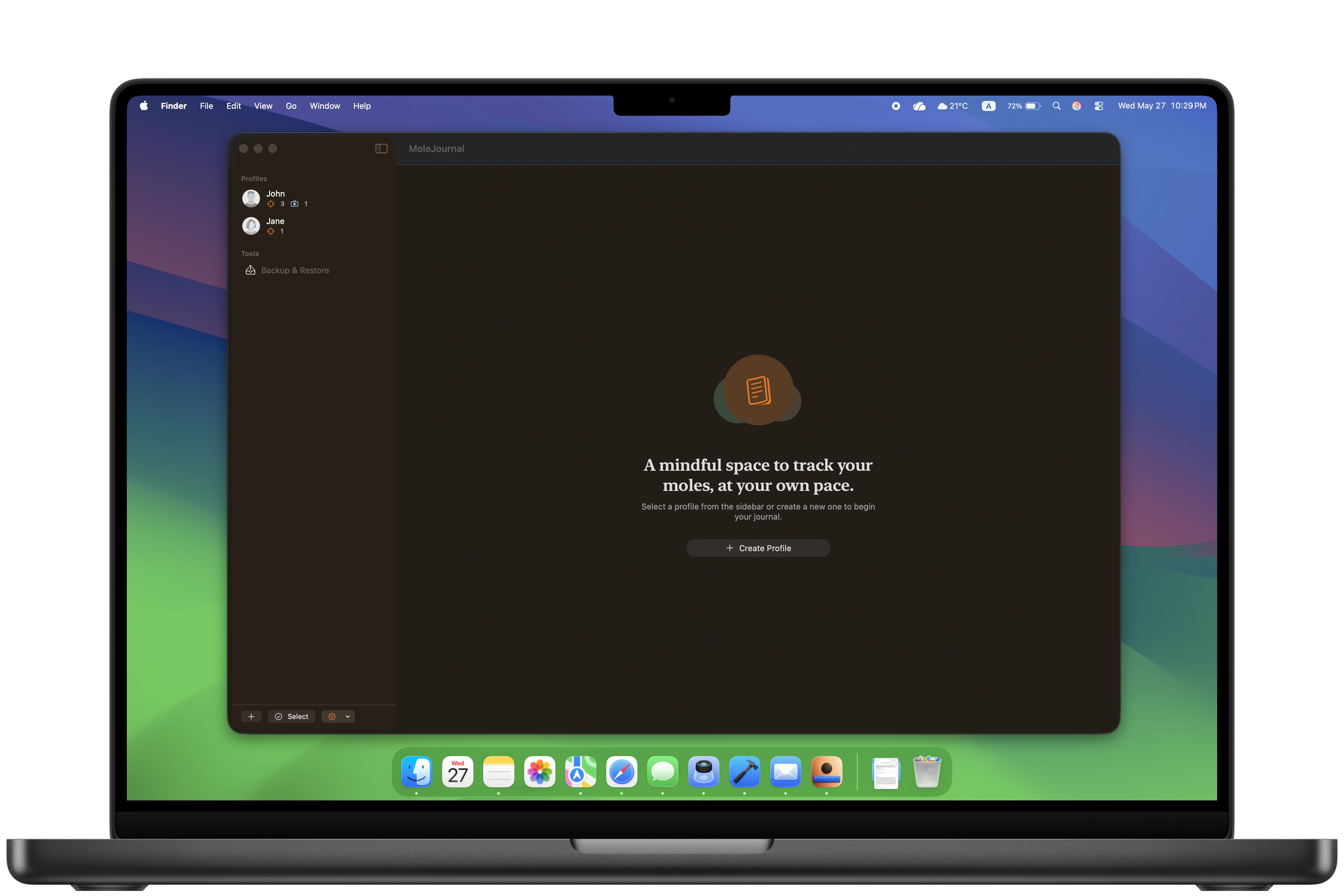 The MoleJournal profile screen on Mac