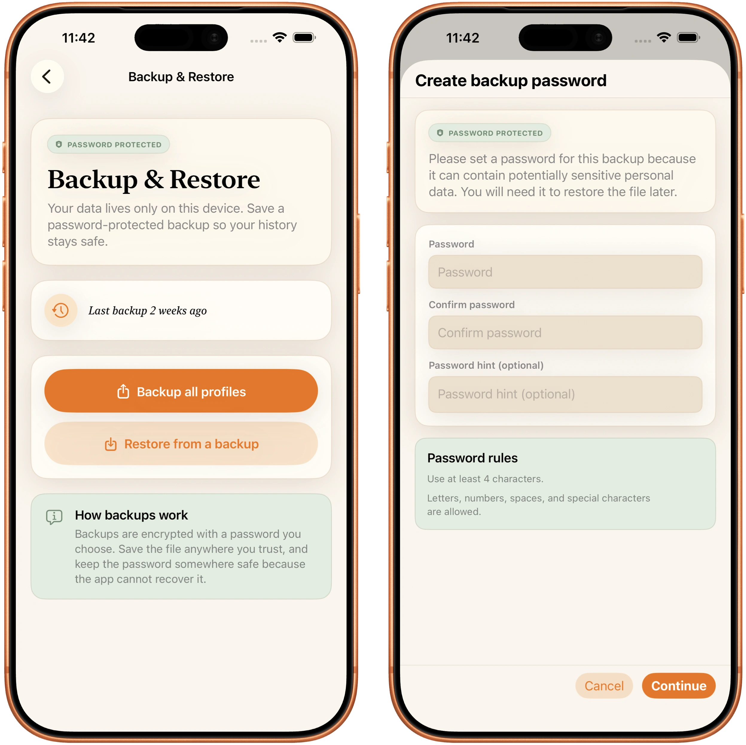 MoleJournal backup and restore screen on iPhone