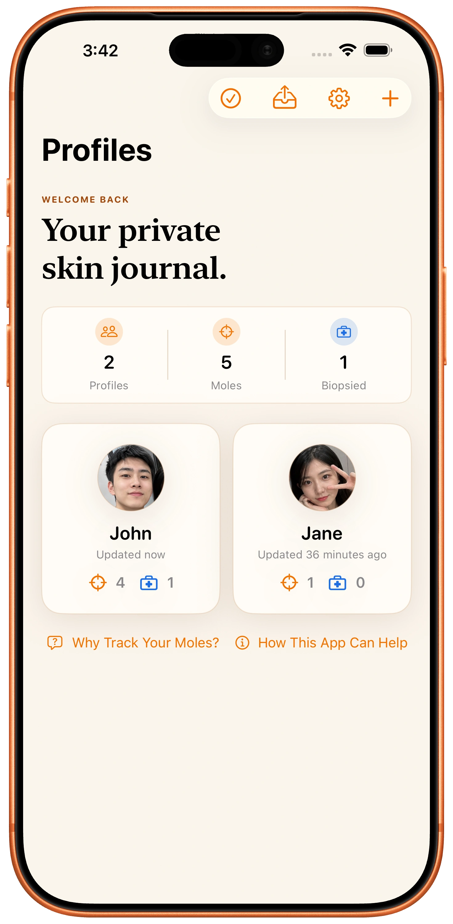 MoleJournal profile dashboard on iPhone